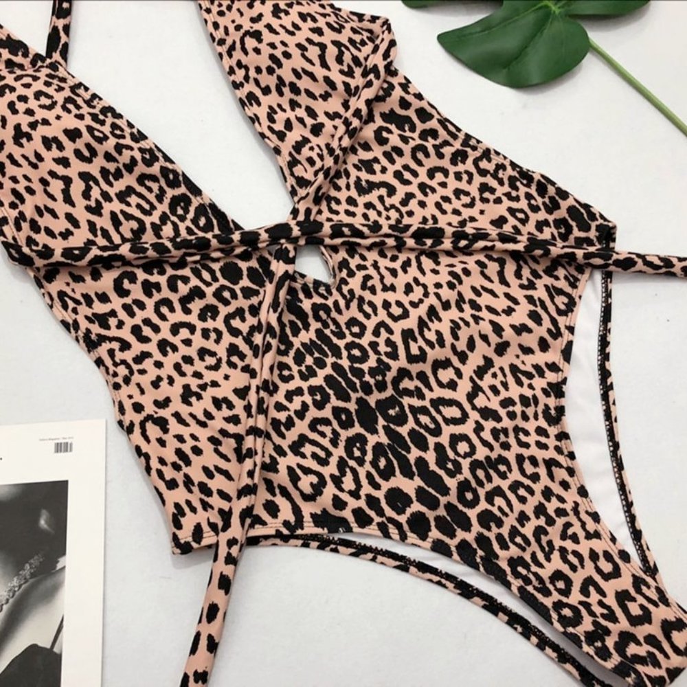 Leopard Print Women Bodysuit Deep V Neck Summer Beachwear swimsuit for women
